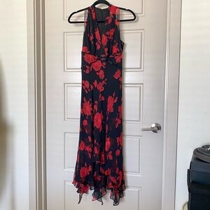 Donna Morgan Red Silk Ruffled Floral Dress
